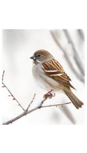 Winter scene, snow-covered trees, small birds (sparrows), perched on branches, fluffy feathers, bright eyes, tiny beaks, snowflakes gently falling, soft focus, warm lighting, shallow depth of field, 3