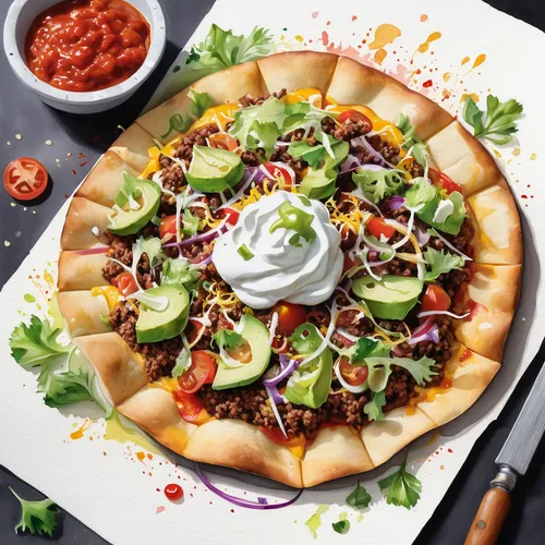 Recipe watercolor. A whimsical watercolor painting of a taco pizza, with a slice adorned with seasoned ground beef, salsa, shredded lettuce, and a dollop of sour cream.
,california-style pizza,pizza s