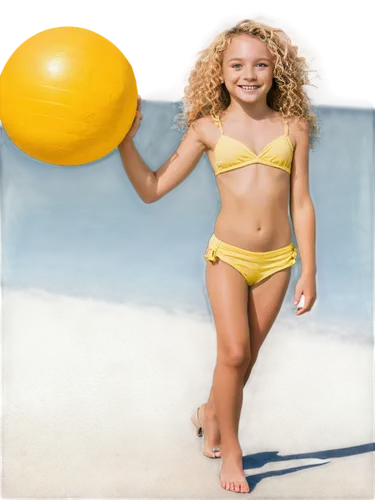 Preteen girl, bikini model, solo, (12yo), innocent face, bright smile, blue eyes, curly blonde hair, slight blush, small chest, slender legs, yellow bikini, high heels, posing, beach ball, summer vaca