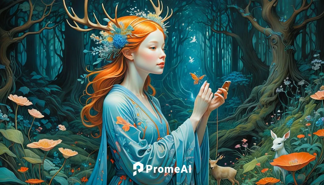 (Enchanted, Whimsy Woodland art by James Jean, by Amy Brown, by Brian Froud, by Alan Lee :1.5), (a contemplative_beauty, lost in reverie on a misty_clearing, surrounded by sentinel_trees and a tapestr