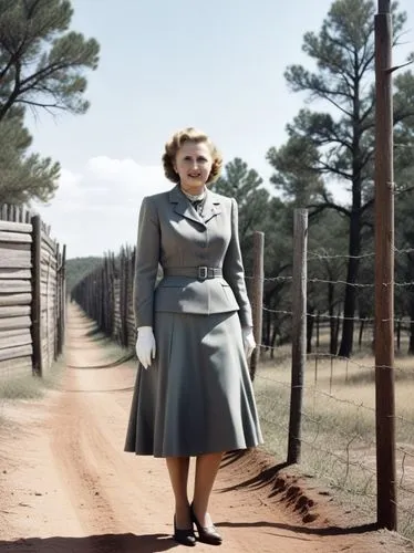 Eva Braun at the high fence on the border between Texas and Mexico.,an old woman standing in a dirt road by a fence,mitford,colorization,colorized,ingrid bergman,1940 women,colorizing