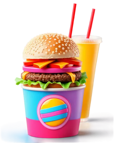 Fast food, colorful packaging, juicy burger, crispy fries, soft drinks, ice cream cone, vibrant logo, shallow depth of field, warm lighting, 3/4 composition, close-up shot, realistic texture, appetizi