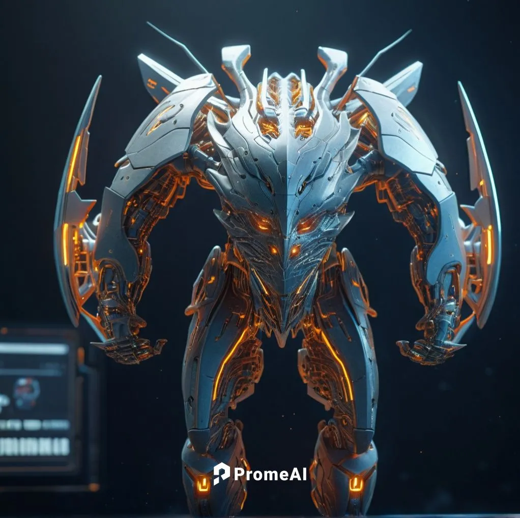 a robot with a glowing body stands in front of a computer,aamoth,oberon,zangana,arbiter,nidus,protoss,Photography,General,Sci-Fi