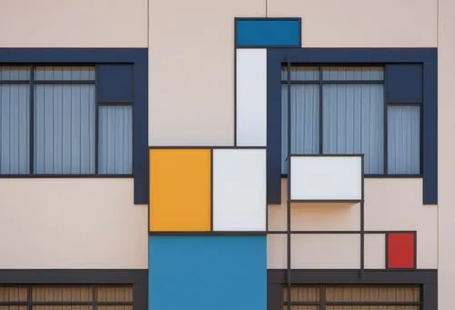 render, in piet modrian style, facade of building, retain lines and colours, ms grill with colourful panels
,the facade of an apartment building with multiple windows,mondrian,mondriaan,rietveld,bauha