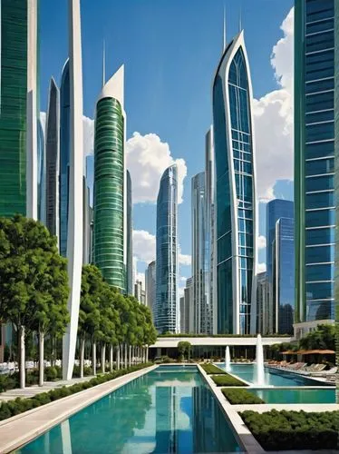 Modern master planning architecture, urban design, futuristic cityscape, skyscrapers, sleek glass towers, grand arches, white stone buildings, vibrant green spaces, pedestrian walkways, water features