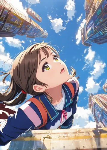 looking up,sky,blue sky,flying girl,euphonium,tsumugi kotobuki k-on,summer sky,love live,blue sky clouds,falling,against sky,determination,clear sky,blue sky and clouds,wonder,sky up,sky butterfly,lying down,gravity,azuki bean,Illustration,Japanese style,Japanese Style 03