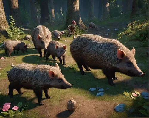 wild boar,teacup pigs,woodland animals,hogs,pig's trotters,pigs,piglets,pig roast,peccary,boar,forest animals,pot-bellied pig,game art,foragers,molehills,barnyard,villagers,bay of pigs,anthropomorphized animals,island residents,Conceptual Art,Fantasy,Fantasy 24