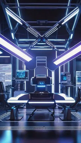 AI image generator, futuristic laboratory, high-tech equipment, neon lights, wires, screens, robotic arms, metal tables, futuristic chairs, sci-fi ambiance, dim lighting, sharp shadows, sleek lines, m