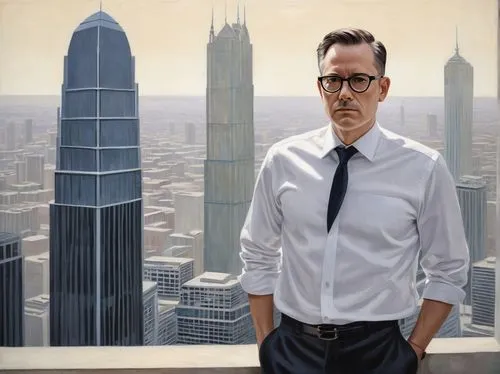 Middle-aged man, mature, career man, architectural designer, standing, hands in pockets, wearing black-framed glasses, short brown hair, slight stubble, white shirt, black tie, dark blue formal pants,