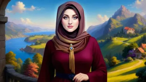 Romantic masterpiece oil painting, beautiful curvy woman portrait, tight abaya dress, nostalgic 1950's style kitsch, breathtaking beautiful epic vast landscape, majestic scenery, highly detailed, high