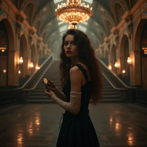 Grandiose metro station, ornate Victorian architecture, dimly lit, warm golden lighting, intricate ironwork, old-fashioned lanterns, grand staircase, sweeping arches, beautiful detailed mosaics, elega