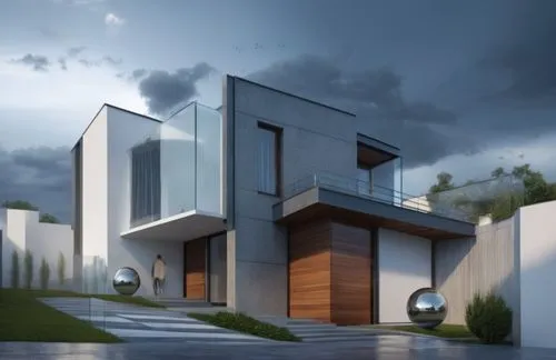 two houses that are on a cloudy day,cubic house,modern house,modern architecture,cube house,3d rendering,cube stilt houses,Photography,General,Realistic