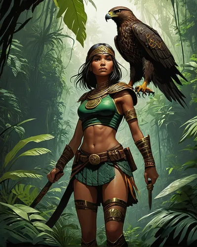 female warrior,polynesian girl,warrior woman,bird of prey,harris's hawk,pocahontas,falconer,bird bird-of-prey,exotic bird,caique,hawk animal,harpy,tropical bird climber,amazone,fantasy art,falconry,amazonian oils,aves,trogon,polynesian,Conceptual Art,Daily,Daily 02