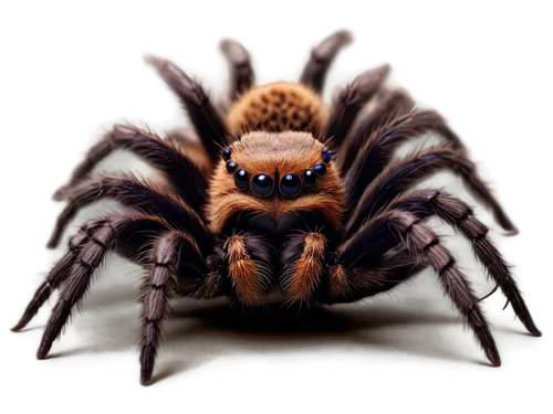 Tarantula, close-up, detailed legs, vibrant brown body, fuzzy abdomen, eight beady eyes, sharp fangs, realistic texture, softbox lighting, 3/4 composition, shallow depth of field, warm color tone.,tar