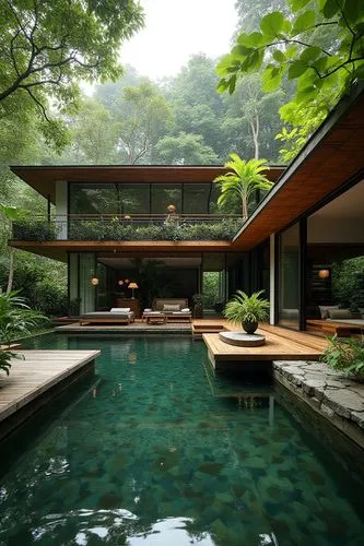 pool house,asian architecture,forest house,amanresorts,beautiful home,fallingwater