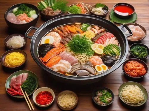 Hot pot, steaming bowl, savory broth, colorful ingredients, Japanese-style dinner, wooden table, traditional setting, warm lighting, cozy atmosphere, delicious aroma, sizzling sound, varied toppings, 