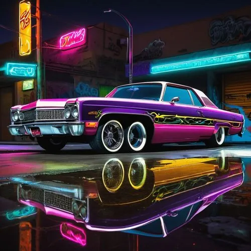 Lowrider car, vibrant graffiti artwork, urban street, night scene, neon lights reflection, custom rims, hydraulics, lowered suspension, sleek body kit, metallic paint job, bold fonts, colorful tags, c