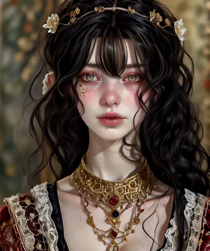 fantasy portrait,masquerade,fantasy art,mystical portrait of a girl,filigree,artemisia,gothic portrait,embellished,porcelain doll,portrait of a girl,comely,gold jewelry,drusy,victorian lady,artist doll,girl portrait,female doll,romantic portrait,oriental princess,doll's facial features