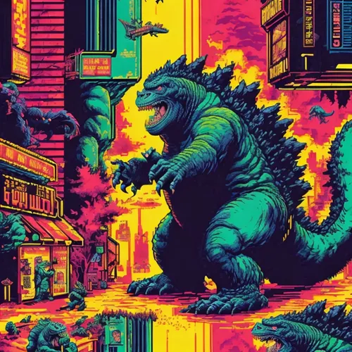 a poster of godzilla on a city street,kaijuka,godzilla,spacegodzilla,kaiju,zilla,gamera,upazilla,gojira,baragon,mechagodzilla,dinos,jurassic,dinosaur,trex,tatsujin,dino,ladinos,samsung wallpaper,shopz