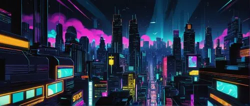 cyberpunk,cityscape,colorful city,tokyo city,shinjuku,futuristic landscape,metropolis,fantasy city,tokyo,futuristic,scifi,city,city lights,the city,cyberspace,city trans,city at night,black city,retro background,sci - fi,Illustration,American Style,American Style 09