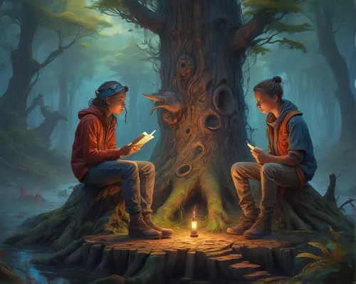 game illustration,forest workers,druid grove,campfire,tree torch,magic tree,sci fiction illustration,enchanted forest,druids,wizards,fantasy picture,elven forest,conversation,scouts,world digital painting,grove of trees,the listening,romantic scene,the roots of trees,storytelling,Conceptual Art,Fantasy,Fantasy 01