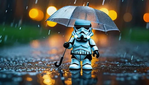 raindrops falling on umbrella of storm trooper walking on the road,stormtroopers,raindops,stormtrooper,brolly,in the rain,man with umbrella