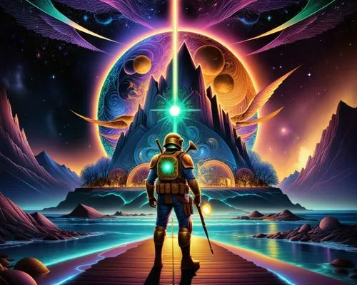 a man with a star wars themed helmet, standing in front of some strange shapes and planets,eternia,triforce,samus,majora,hyrule,odyssey,Illustration,Realistic Fantasy,Realistic Fantasy 25