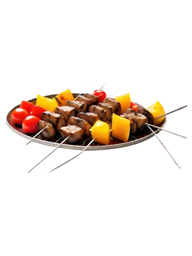 Savory kabob, metal skewer, grilled meat chunks, colorful vegetables, onions, bell peppers, mushrooms, cherry tomatoes, smoke effect, warm lighting, shallow depth of field, 3/4 composition, realistic 