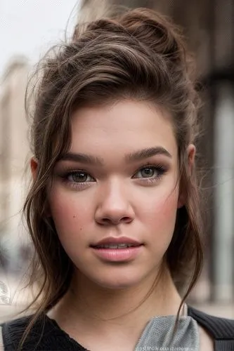 a portrait of a beautiful caucasian Hailee Steinfeld 24 years old brown hair in a casual outfit   in the street of london in the morning as background in 4k,artificial hair integrations,natural cosmet