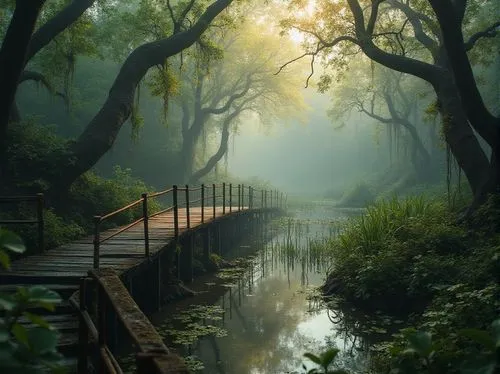 wooden bridge,flooded pathway,forest path,hanging bridge,foggy landscape,wooden path,forest landscape,the mystical path,morning mist,scenic bridge,nature wallpaper,tree top path,nature landscape,foggy forest,pathway,walkway,hiking path,swamps,bayou,fairytale forest,Photography,General,Realistic