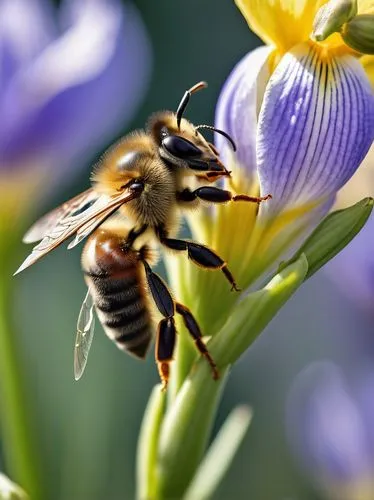 a honeybee on a black widow iris flower. Add some dewdrops on the flower. Blur out the background.,western honey bee,apis mellifera,bee,hornet hover fly,honeybees,pollination,honey bees,pollinating,ho