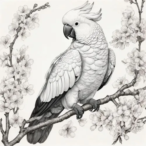 flower and bird illustration,bird illustration,ornamental bird,an ornamental bird,tunnicliffe,cockatoo,Illustration,Black and White,Black and White 30