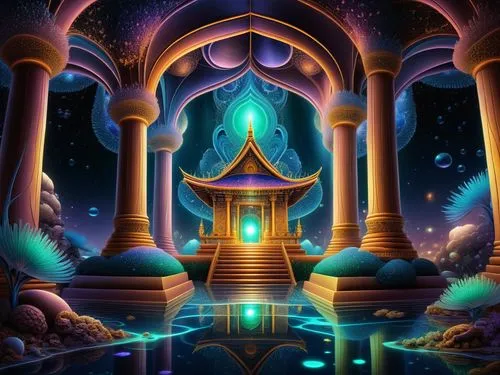 amazing fractal,the entrance to an alien - like temple at night,diwali background,ramadan background,diwali wallpaper,shambhala,sanctum,3d fantasy,mihrab,fantasia,atlantis,legendarium,portal,arabic ba