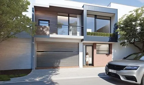 casa minimalista con algunos muros en ladrillo visto y marcos de concreto grises oscuros, ventanas de vidrio muy reflectivo, marco de aluminio negro, puerta de garaje en aluminio negro inenso con unas