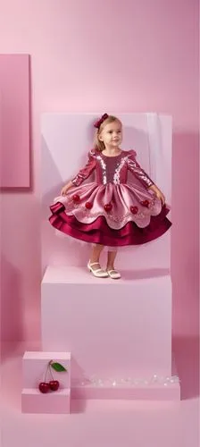 3d fashion drawing of satin dress for kids with sequin on the blouse with three layers with burgundy . first layer is light pink with cherries drawn on it.second layer is burgundy.third layer is dark 