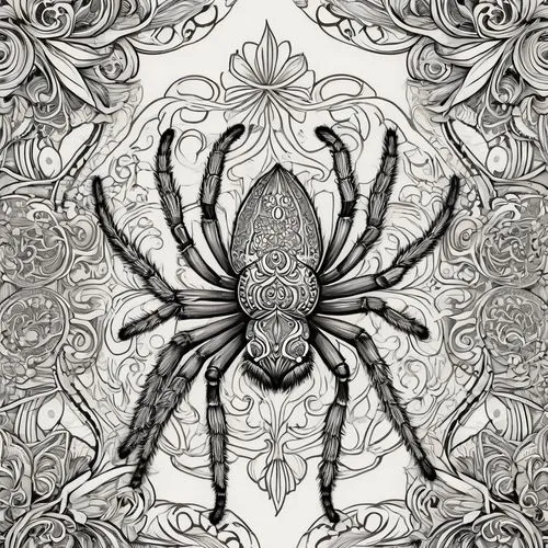 tangle-web spider,edged hunting spider,arachnid,araneus,widow spider,spider,tarantula,hand-drawn illustration,intricate,coronavirus line art,spider silk,mandala illustration,botanical line art,seamless pattern,line art animal,spider the golden silk,wolf spider,huntsman,araneus cavaticus,coloring page,Illustration,Black and White,Black and White 05