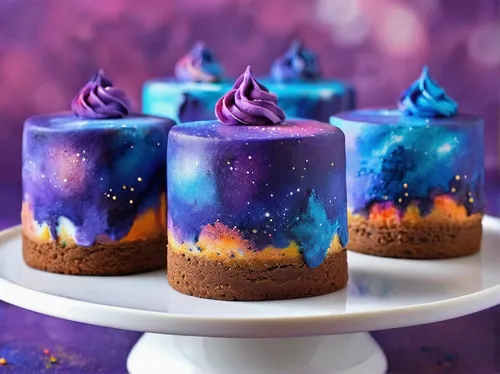 Galaxy Mousse Cakes - Mini Mousse Galaxy Cakes displayed on mini cake stands. | From SugarHero.com,advent candles,unicorn cake,cinnamon stars,spray candle,advent candle,birthday candle,taro cake,candl