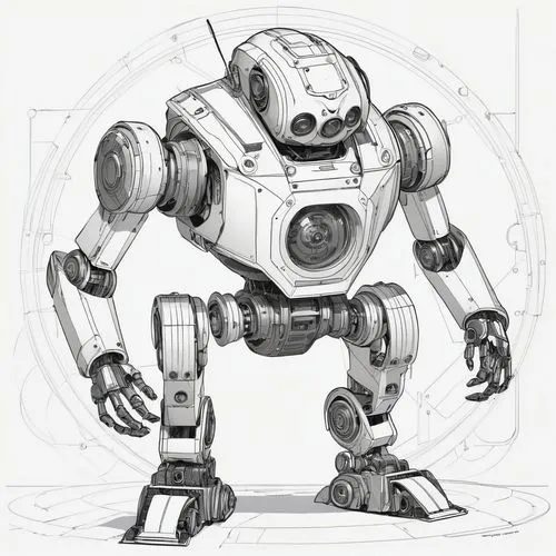 A black and white sketch of an anthropomorphic robot with a boxy head and large, circular eyes that convey a sense of curiosity or innocence. The body of the robot is constructed of various geometric 