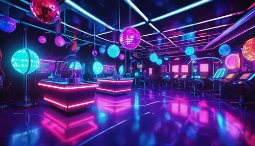 nightclub,spaceland,retro diner,ufo interior,neon coffee,neon cocktails,dancefloor,spaceship interior,neon drinks,disco,neon light,arcade,arcades,80's design,discotheque,cyberscene,game room,neon lights,3d render,discotheques,Illustration,Realistic Fantasy,Realistic Fantasy 38