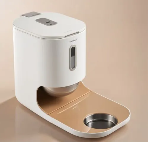 自动宠物喂食器，有材质碰撞，前面有一个不锈钢食盆,a picture of a close up of an automatic toilet,ice cream maker,pasta maker,coffeemaker,rice cooker,household appliance,coffee maker,Photography,General,Realistic