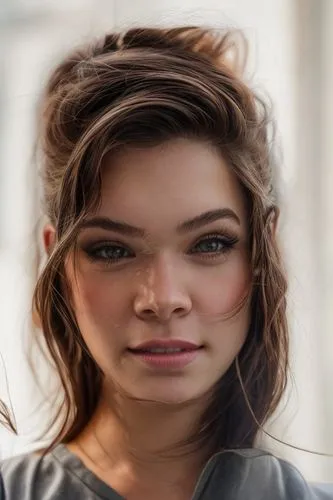 a portrait of a beautiful caucasian Hailee Steinfeld 24 years old brown hair in a casual outfit   in the street of london in the morning as background in 4k,artificial hair integrations,woman face,nat