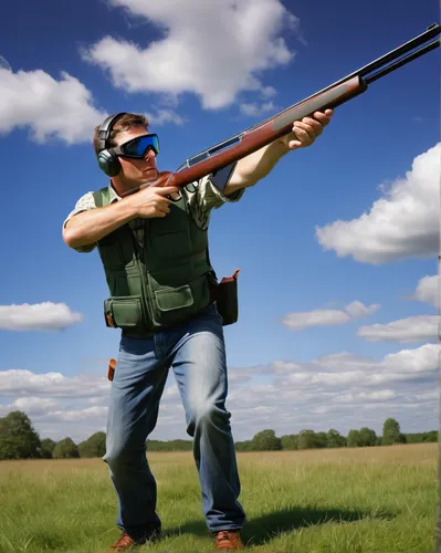 flying clay pigeon, shotgun shooting, dynamic posture, outdoor shooting range, green grass, blue sky, scattered clouds, focused shooter, protective eyewear, earmuffs, casual shooting attire, shotgun i