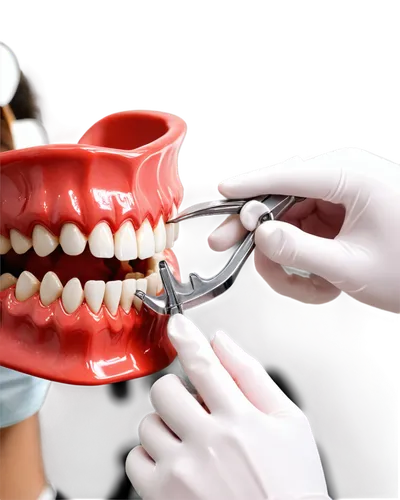 Extracted wisdom teeth, close-up, detailed roots, bloody gums, shiny white enamel, slight cracks, metal forceps, dentist's hands, medical gloves, bright lighting, shallow depth of field, high contrast