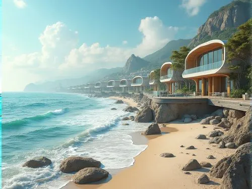 beachfront,seaside resort,oceanfront,beach resort,seaside view,mountain beach,beach landscape,dream beach,shorefront,ocean view,beach scenery,the hotel beach,coastline,brazilian beach,beach house,world digital painting,tropical beach,beach huts,beach hut,beach view,Photography,General,Realistic