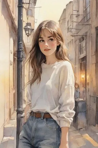 (normal ideal human proportions, 18 yo, real human proportions)(long shoulderlong hair, open hair)(medium buxom)(inquisitive expression, natural face, natural lips, pale lips)(dark-brown-eyes)(evening