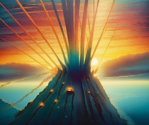 a painting with multiple lines of color on it,paraglider sunset,sunburst background,mountain sunrise,sunstorm,kinetic art,sun reflection,Illustration,Realistic Fantasy,Realistic Fantasy 25