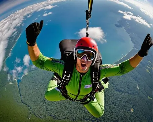 exciting skydiving scene, Reddit logo on helmet, young adult male, athletic build, muscular arms, messy short hair, cool shades, colorful jumpsuit, oxygen mask, gloves, altimeter on wrist, free-fallin