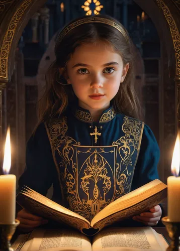 mystical portrait of a girl,girl praying,prayer book,the prophet mary,child with a book,archimandrite,greek orthodox,little girl reading,orthodoxy,gothic portrait,saint therese of lisieux,joan of arc,eucharist,benediction of god the father,catholicism,the first sunday of advent,eucharistic,the second sunday of advent,romanian orthodox,the third sunday of advent,Illustration,Realistic Fantasy,Realistic Fantasy 43