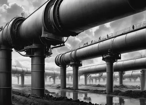 Imagine a futuristic world reliant on water pipelines. Describe a day in the life of a pipeline maintenance worker.,industrial tubes,industrial landscape,pipelines,tank cars,sewer pipes,water pipes,he