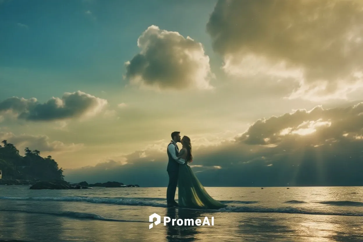 a couple emcing on a beach during a sunset,mermaid silhouette,loving couple sunrise,elopement,vintage couple silhouette,mermaid background,eloped,Photography,General,Realistic